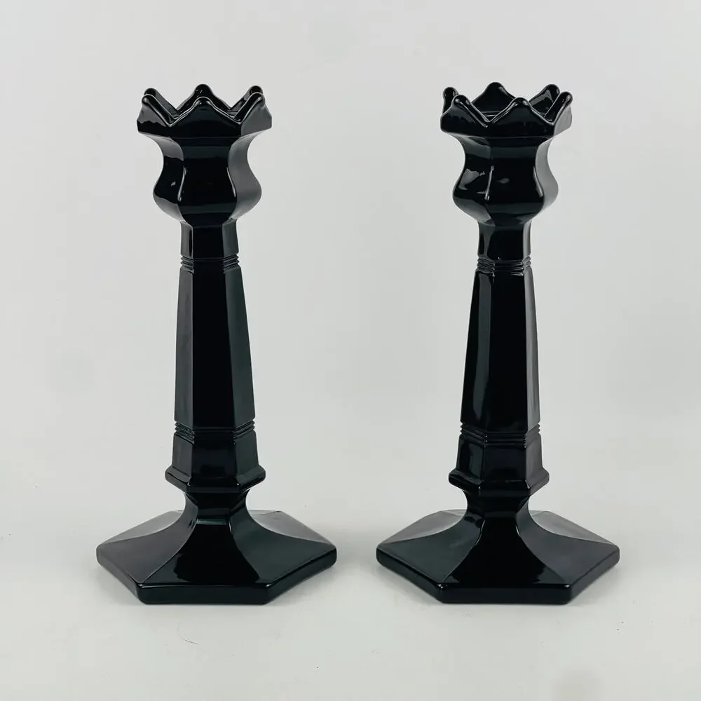 Amethyst Black Glass Vintage Candlesticks 8 1/2